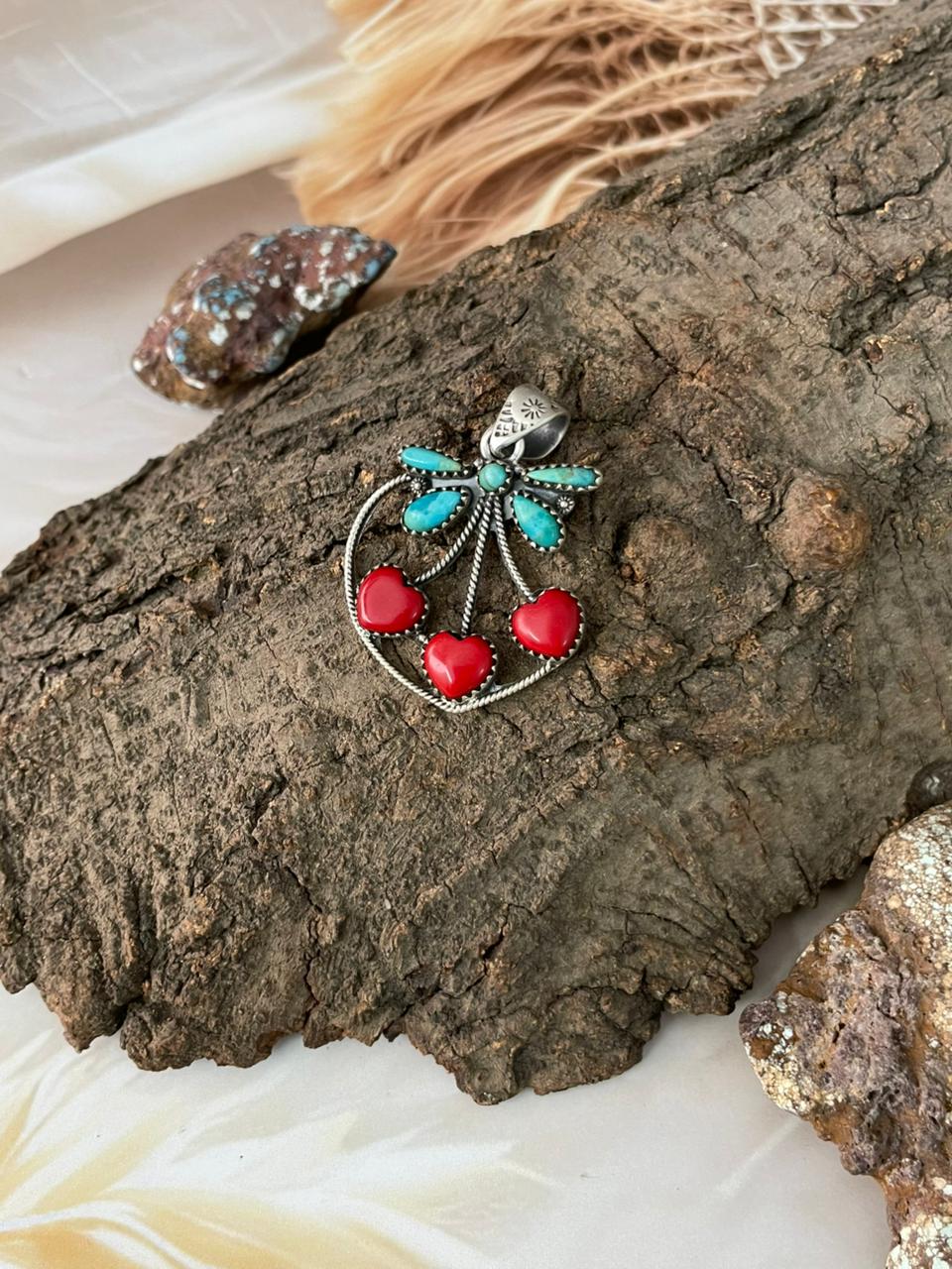 Handmade Sterling Silver Rosarita with Kingman Turquoise Cherry Pendant "Signed Nizhoni"