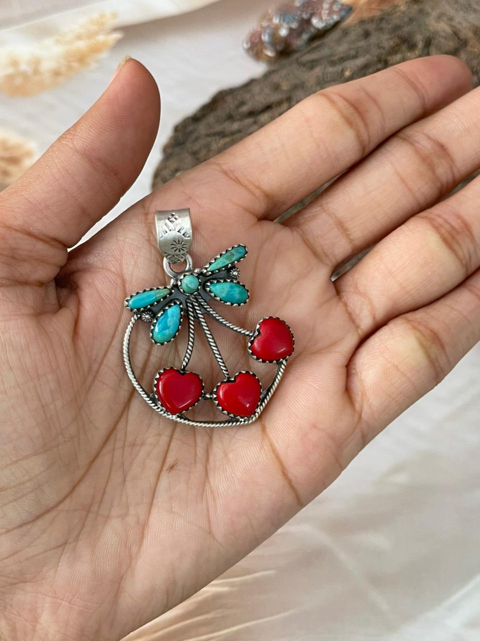 Handmade Sterling Silver Rosarita with Kingman Turquoise Cherry Pendant "Signed Nizhoni"