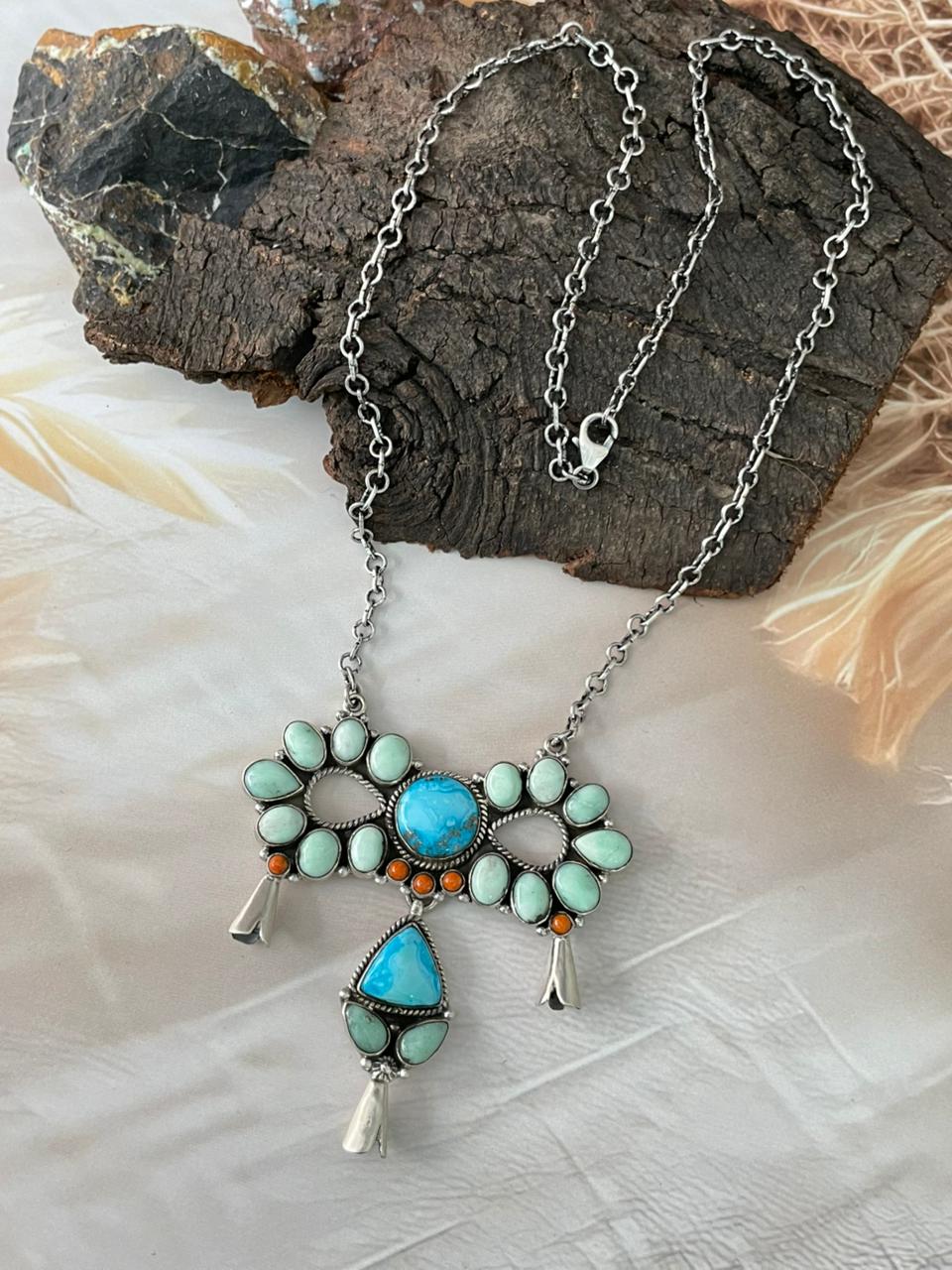 Handmade Sterling Silver Sierra Bella with Paloma Turquoise and Orange Mojave Necklace "Signed Nizhoni"