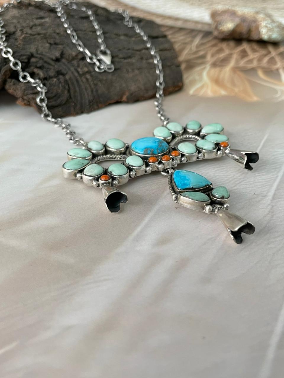 Handmade Sterling Silver Sierra Bella with Paloma Turquoise and Orange Mojave Necklace "Signed Nizhoni"