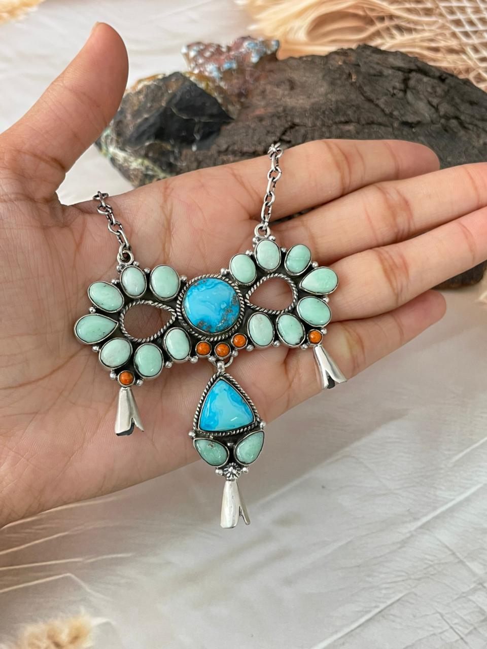 Handmade Sterling Silver Sierra Bella with Paloma Turquoise and Orange Mojave Necklace "Signed Nizhoni"