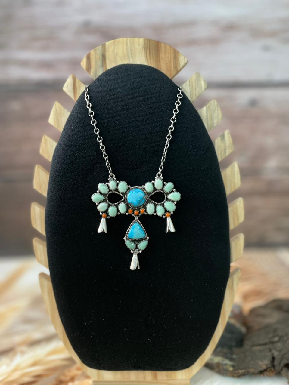 Handmade Sterling Silver Sierra Bella with Paloma Turquoise and Orange Mojave Necklace "Signed Nizhoni"