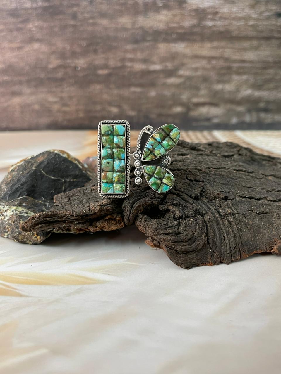 Handmade Sterling Silver Sonoran Cobble Collection: Sonoran Mountain Turquoise Butterfly Adjustable Ring "Signed Nizhoni"