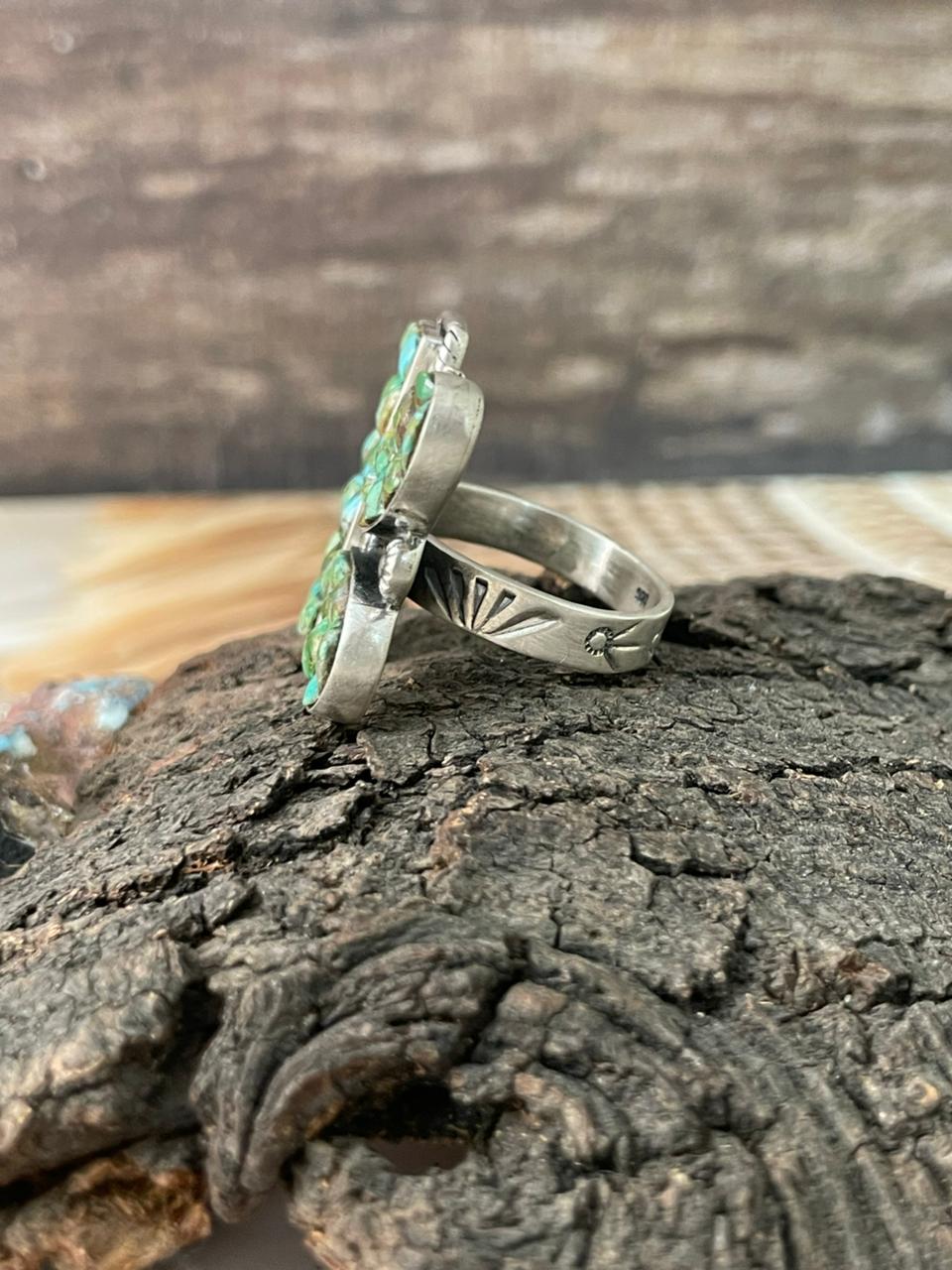 Handmade Sterling Silver Sonoran Cobble Collection: Sonoran Mountain Turquoise Butterfly Adjustable Ring "Signed Nizhoni"
