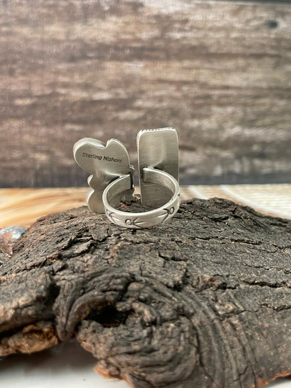 Handmade Sterling Silver Sonoran Cobble Collection: Sonoran Mountain Turquoise Butterfly Adjustable Ring "Signed Nizhoni"
