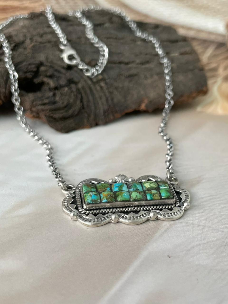Handmade Sterling Silver Sonoran Cobble Collection: Sonoran Mountain Turquoise Bar Necklace "Signed Nizhoni"