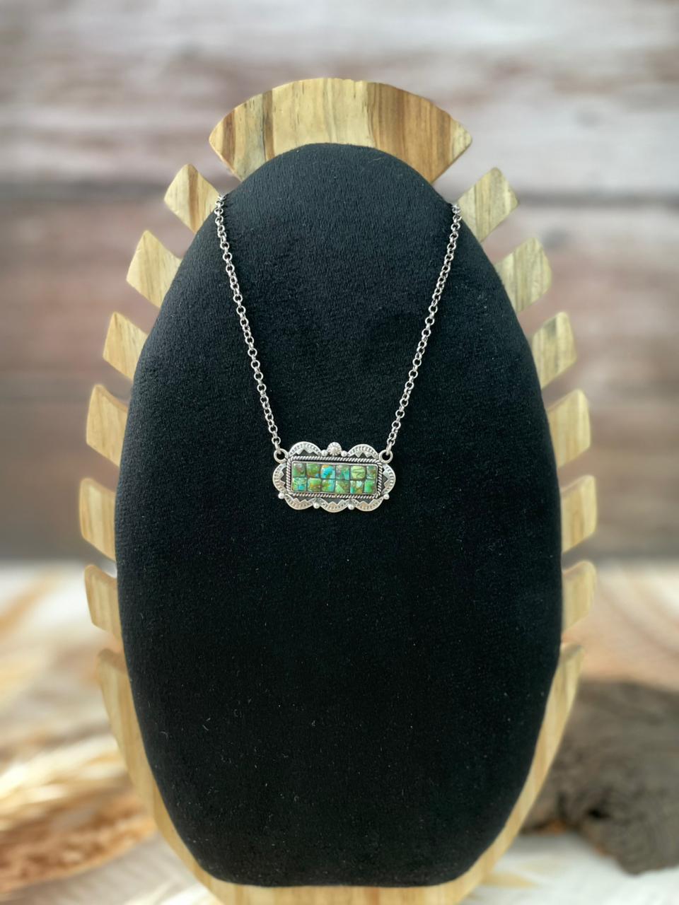 Handmade Sterling Silver Sonoran Cobble Collection: Sonoran Mountain Turquoise Bar Necklace "Signed Nizhoni"