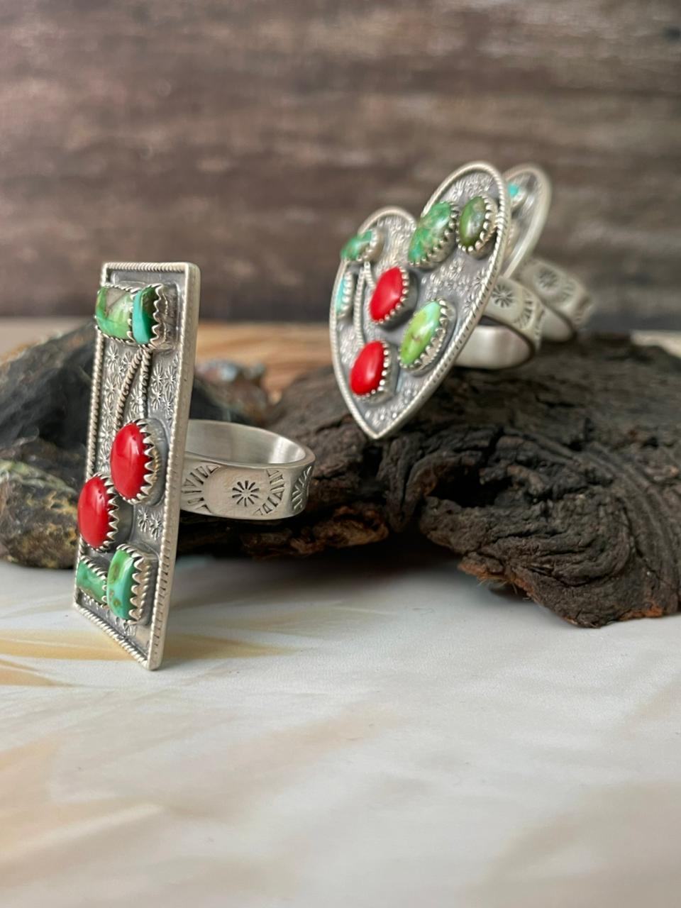 Handmade Sterling Silver Rosarita with Sonoran Mountain Turquoise Cherry Adjustable Ring "Signed Nizhoni"