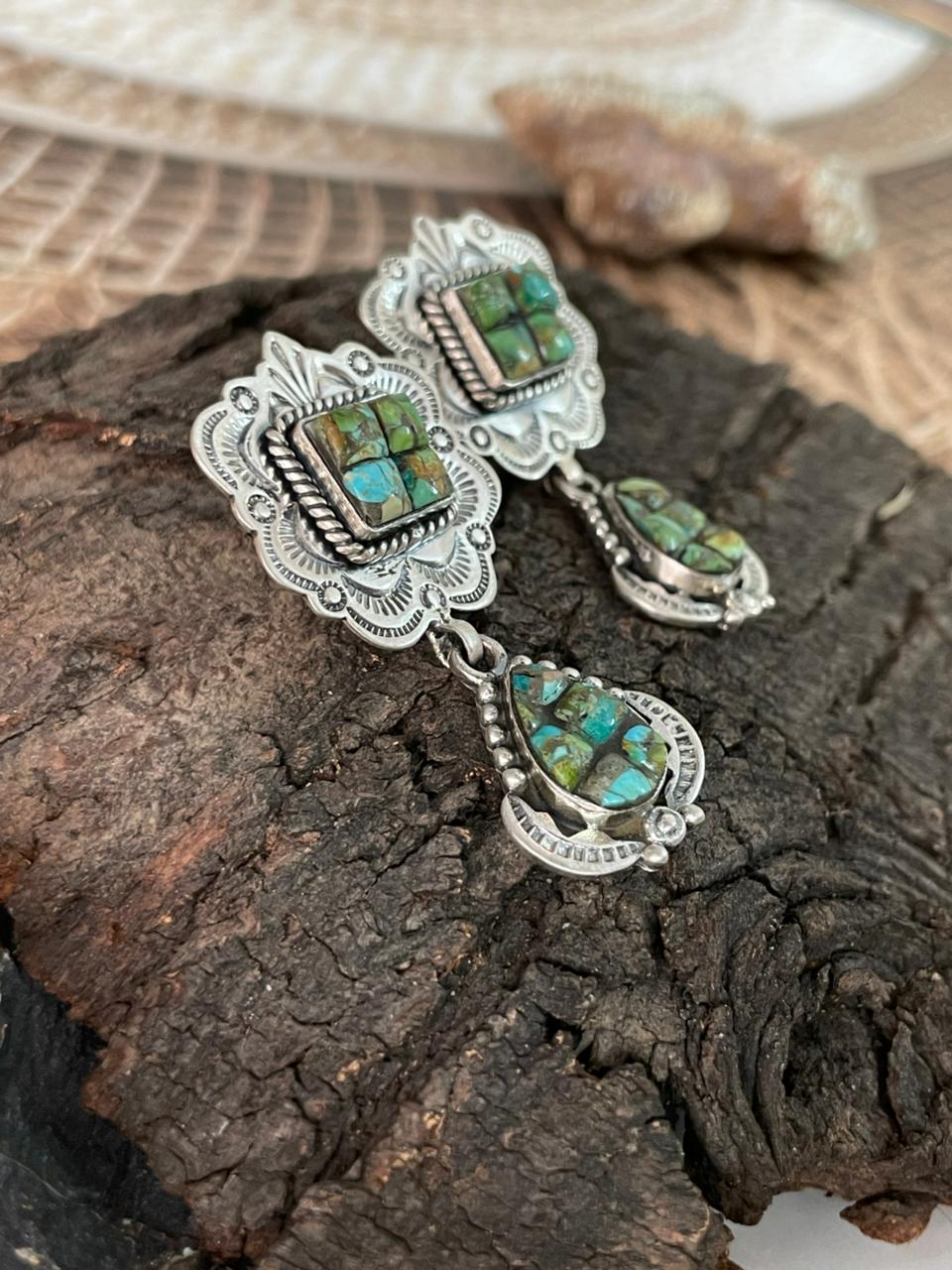 Handmade Sterling Silver Sonoran Cobble Collection: Sonoran Mountain Turquoise Post Dangle Earrings "Signed Nizhoni"
