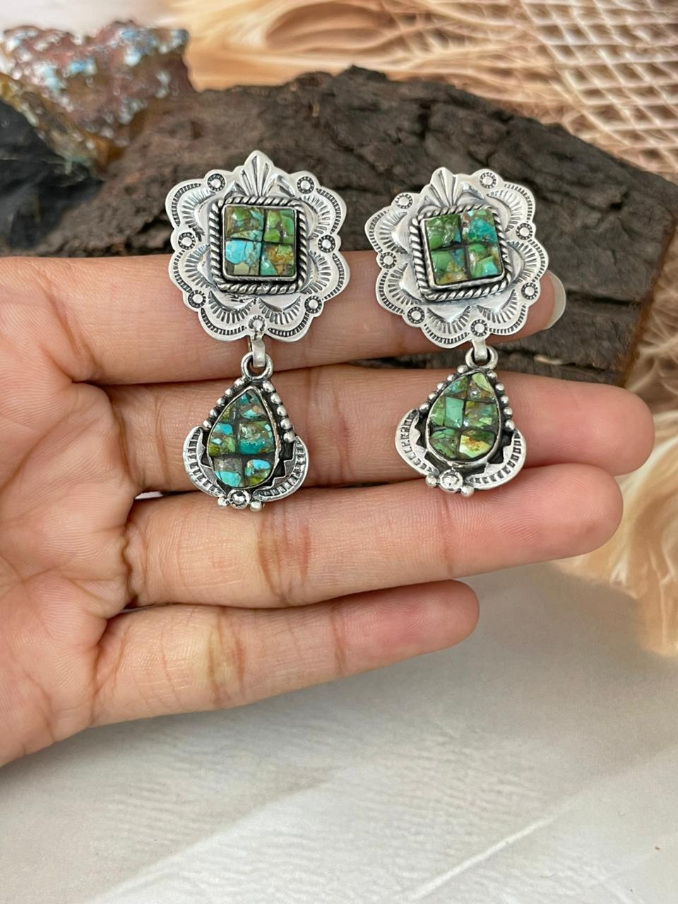 Handmade Sterling Silver Sonoran Cobble Collection: Sonoran Mountain Turquoise Post Dangle Earrings "Signed Nizhoni"