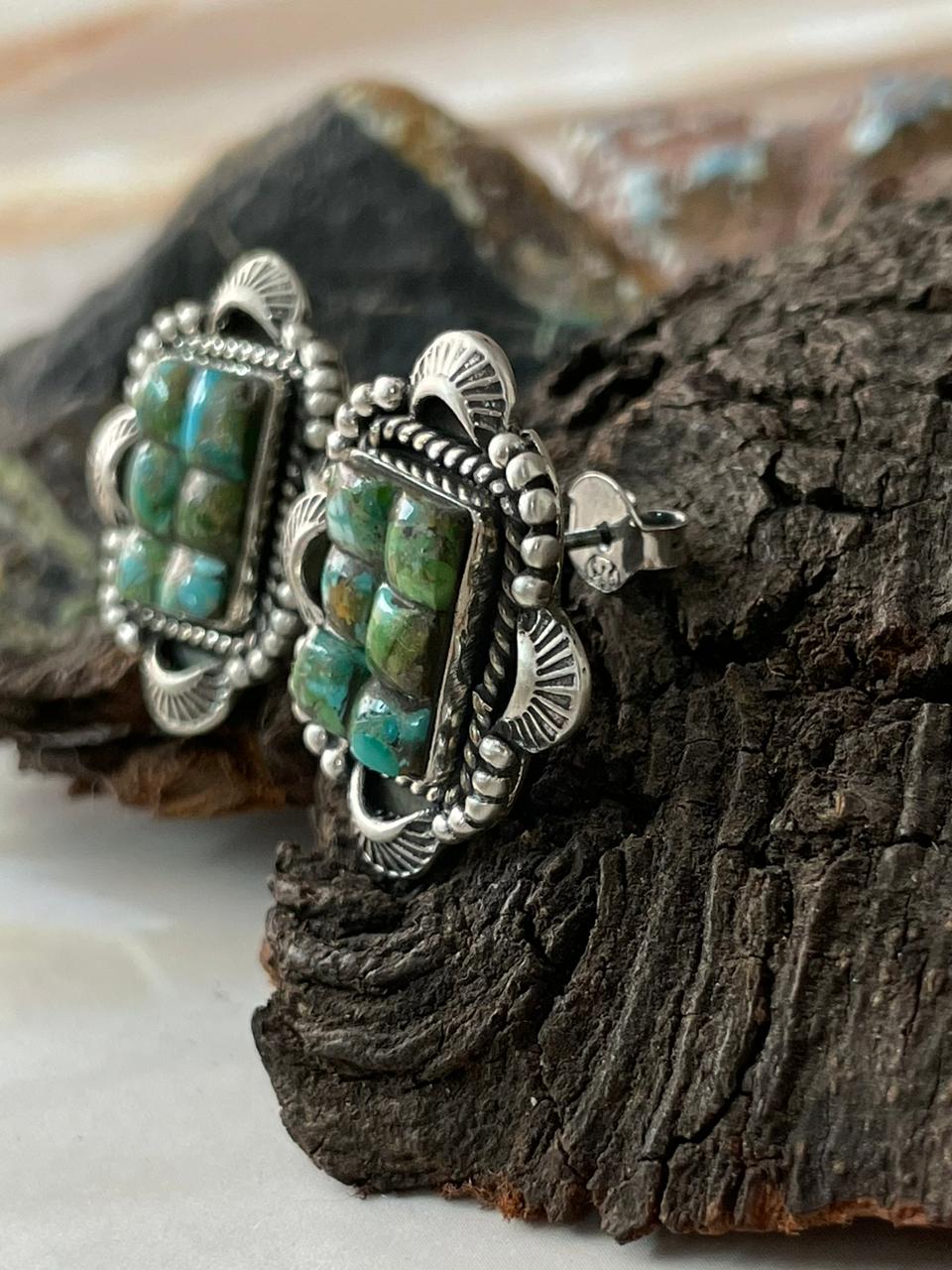 Handmade Sterling Silver Sonoran Cobble Collection: Sonoran Mountain Turquoise Post Studs Earrings "Signed Nizhoni"