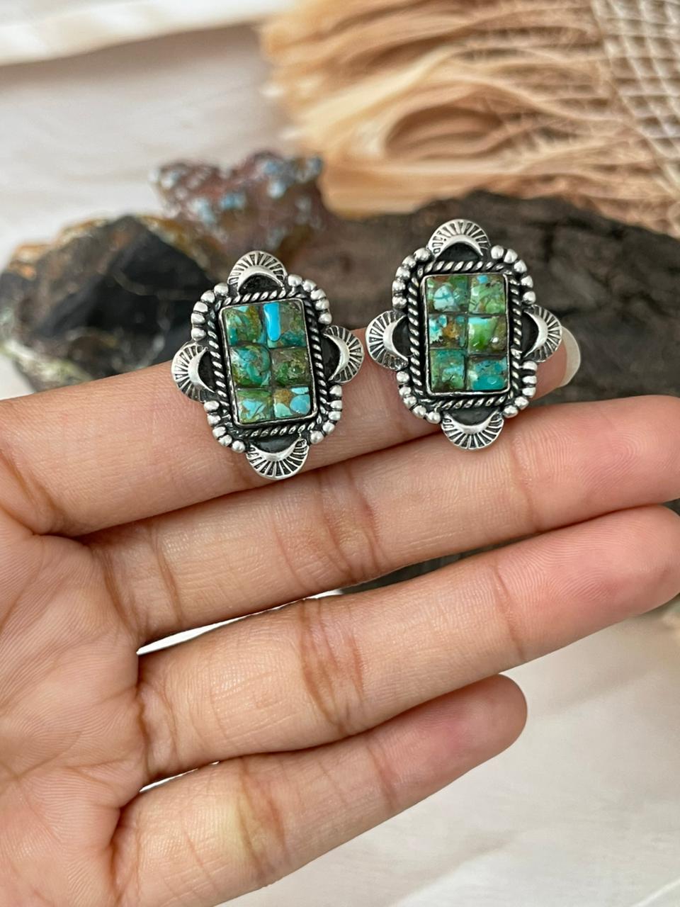 Handmade Sterling Silver Sonoran Cobble Collection: Sonoran Mountain Turquoise Post Studs Earrings "Signed Nizhoni"