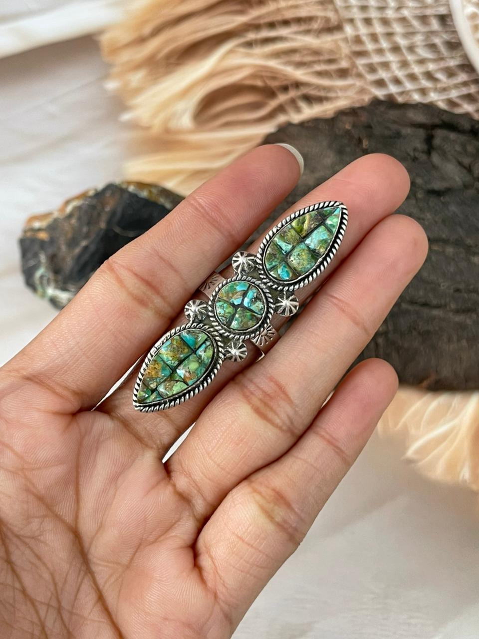 Handmade Sterling Silver Sonoran Cobble Collection: Sonoran Mountain Turquoise Adjustable Ring "Signed Nizhoni"