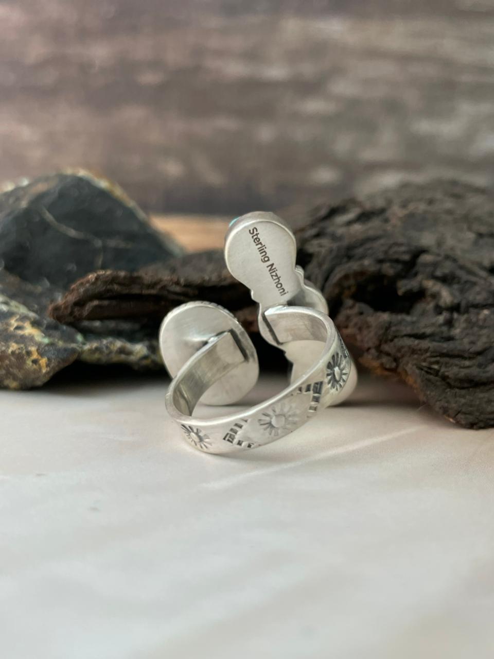 Handmade Sterling Silver Sonoran Cobble Collection: Sonoran Mountain Turquoise Adjustable Ring "Signed Nizhoni"