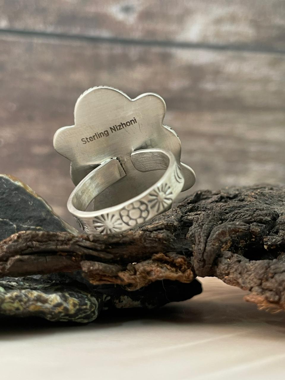 Handmade Sterling Silver Sonoran Cobble Collection: Sonoran Mountain Turquoise Adjustable Ring "Signed Nizhoni"