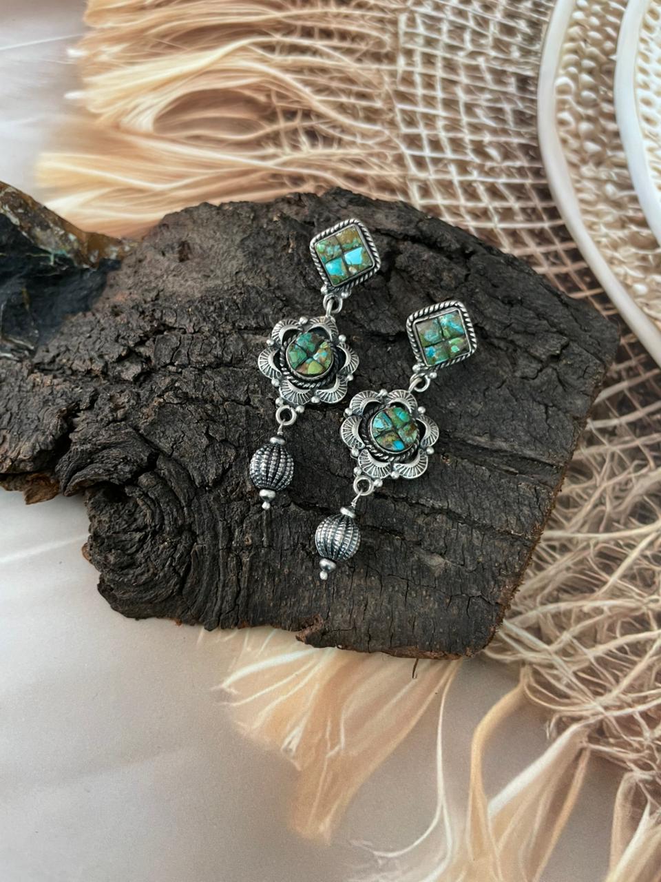 Handmade Sterling Silver Sonoran Cobble Collection: Sonoran Mountain Turquoise Post Dangle Earrings "Signed Nizhoni"