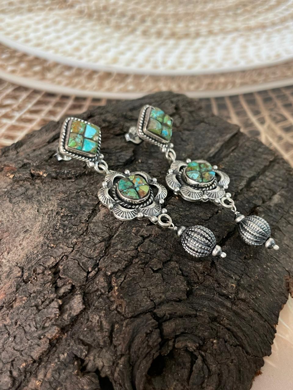 Handmade Sterling Silver Sonoran Cobble Collection: Sonoran Mountain Turquoise Post Dangle Earrings "Signed Nizhoni"