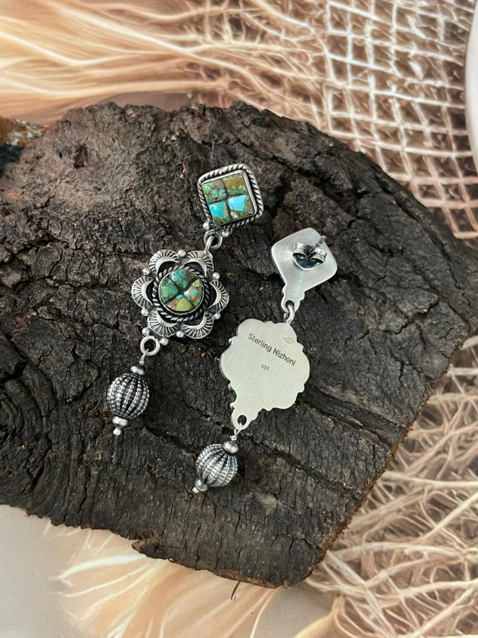 Handmade Sterling Silver Sonoran Cobble Collection: Sonoran Mountain Turquoise Post Dangle Earrings "Signed Nizhoni"