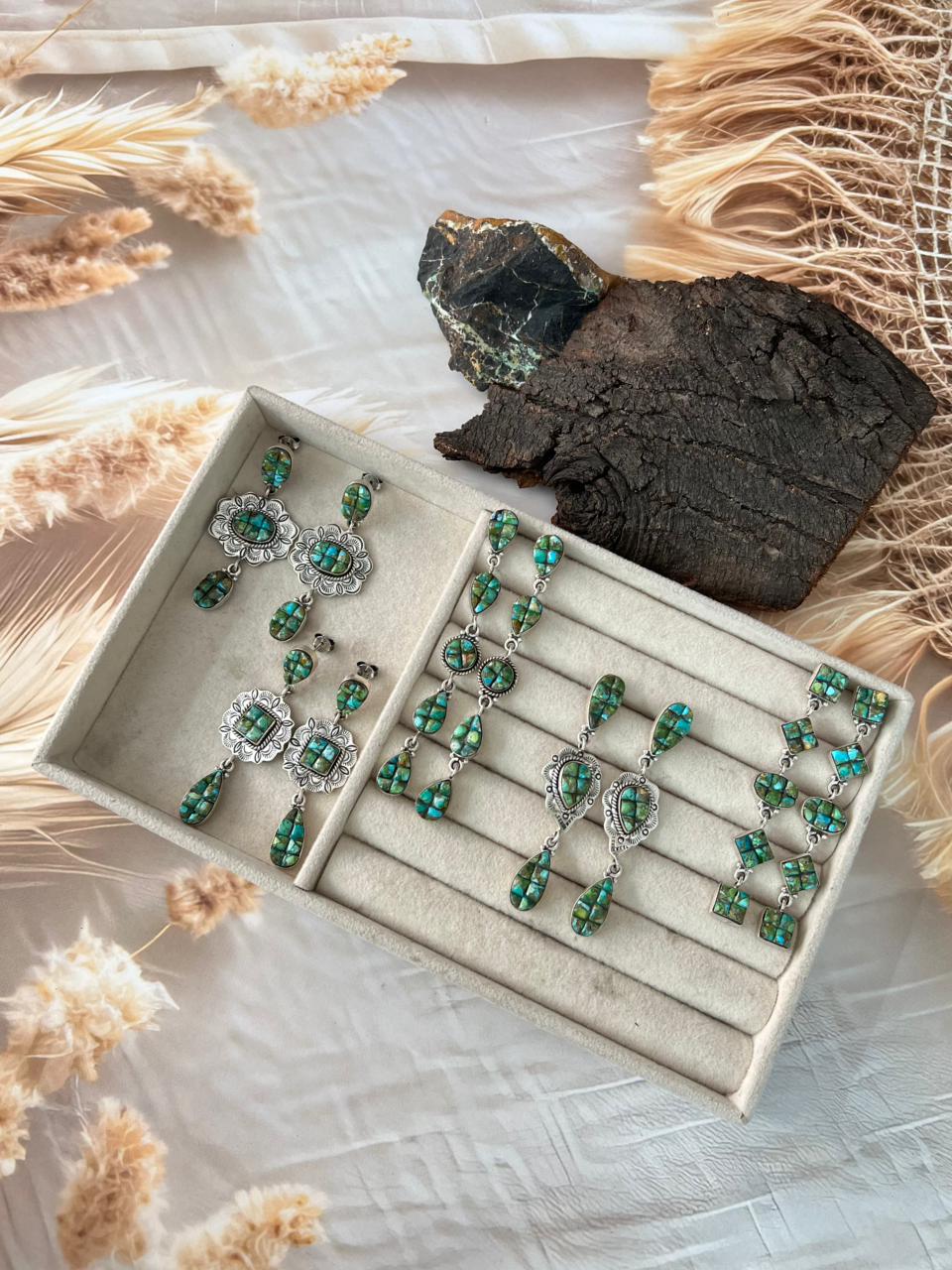 Handmade Sterling Silver Sonoran Cobble Collection: Sonoran Mountain Turquoise Post Dangle Earrings "Signed Nizhoni"