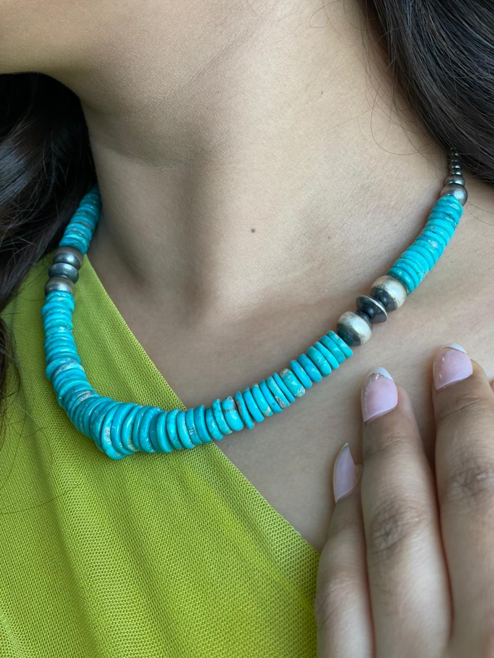 Handmade Sterling Silver Kingman Turquoise Beaded Necklace "Signed Nizhoni"