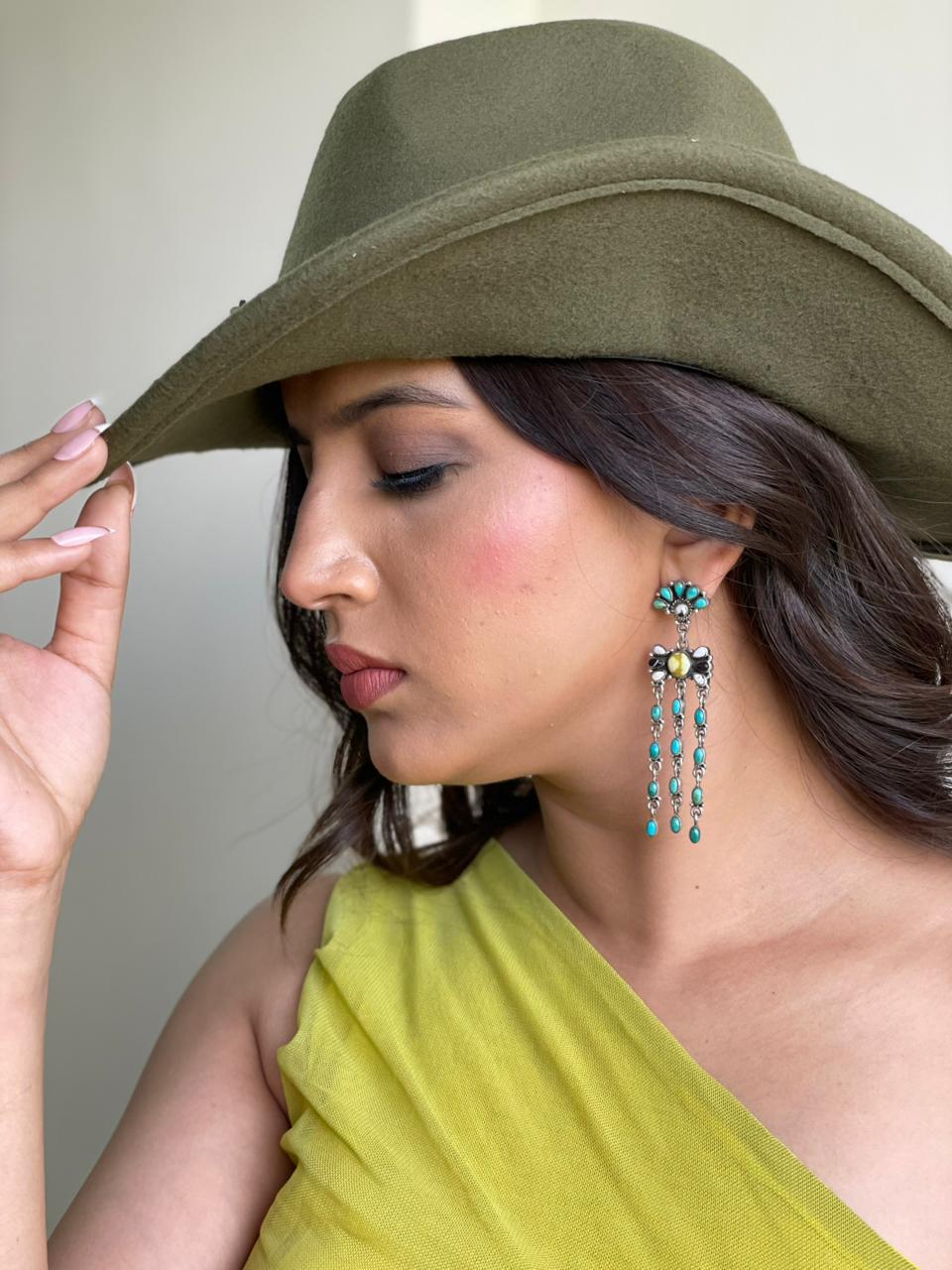 Handmade Sterling Silver Palomino with Kingman Turquoise and White Buffalo Post Dangle Earrings "Signed Nizhoni"