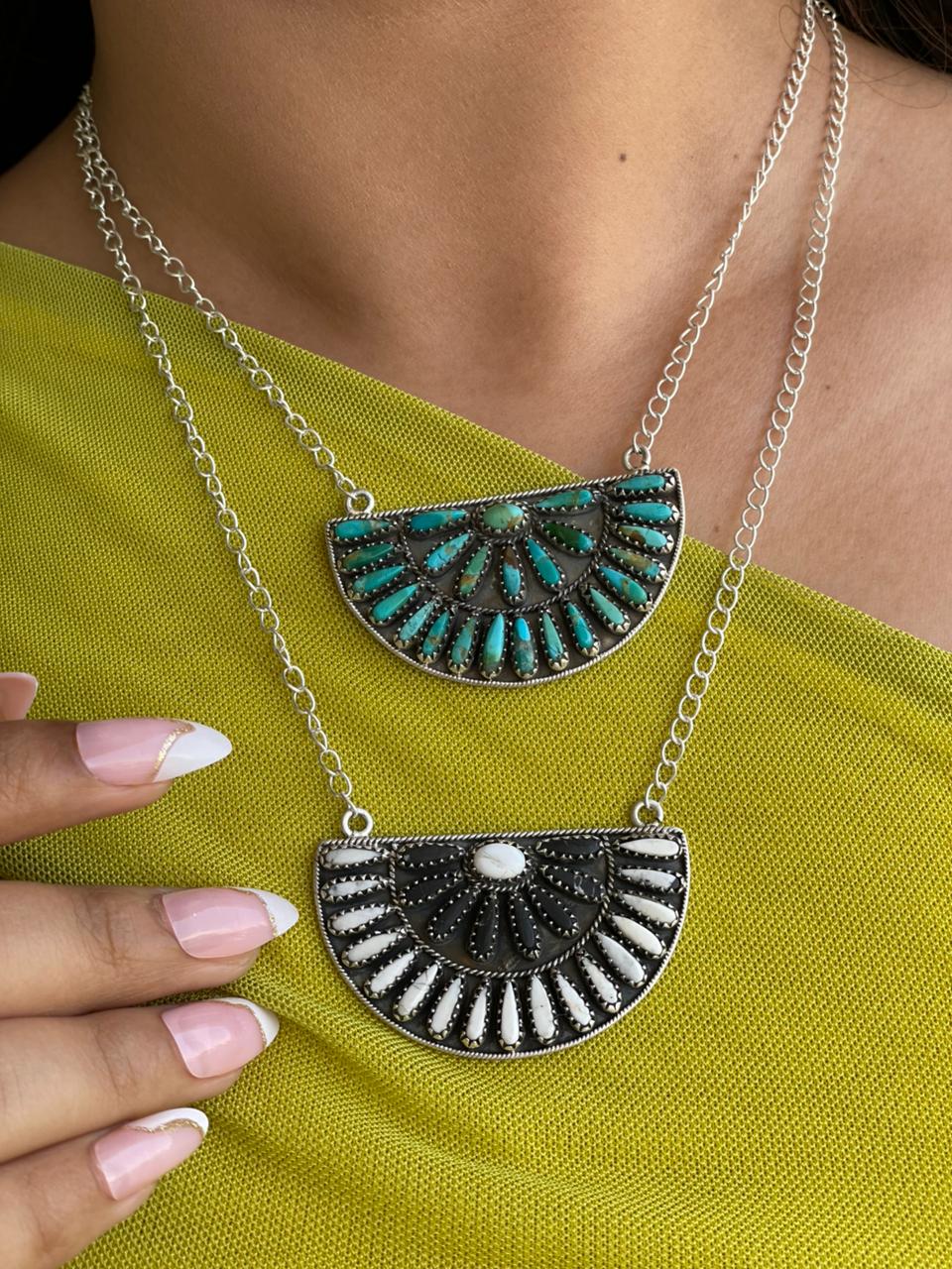 Handmade Sterling Silver Kingman Turquoise and White Buffalo Necklace "Signed Nizhoni"