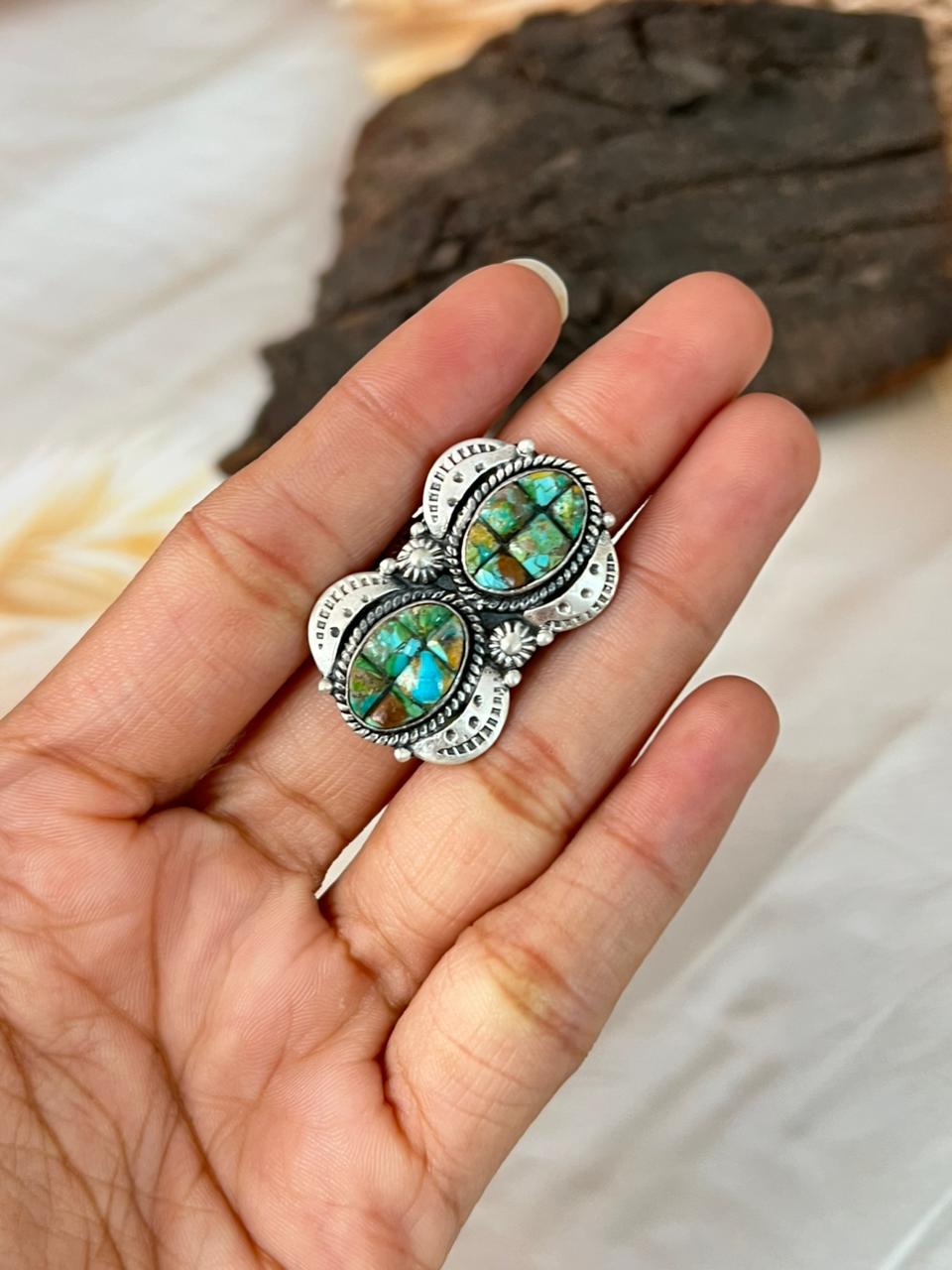Handmade Sterling Silver Sonoran Cobble Collection: Sonoran Mountain Turquoise Adjustable Ring "Signed Nizhoni"