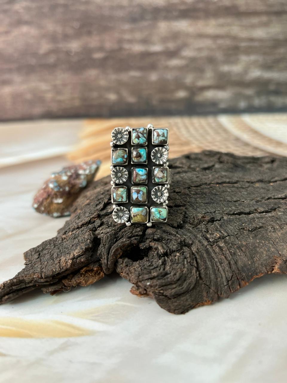 Handmade Sterling Silver Matrix Golden Hills Turquoise Adjustable Ring "Signed Nizhoni"