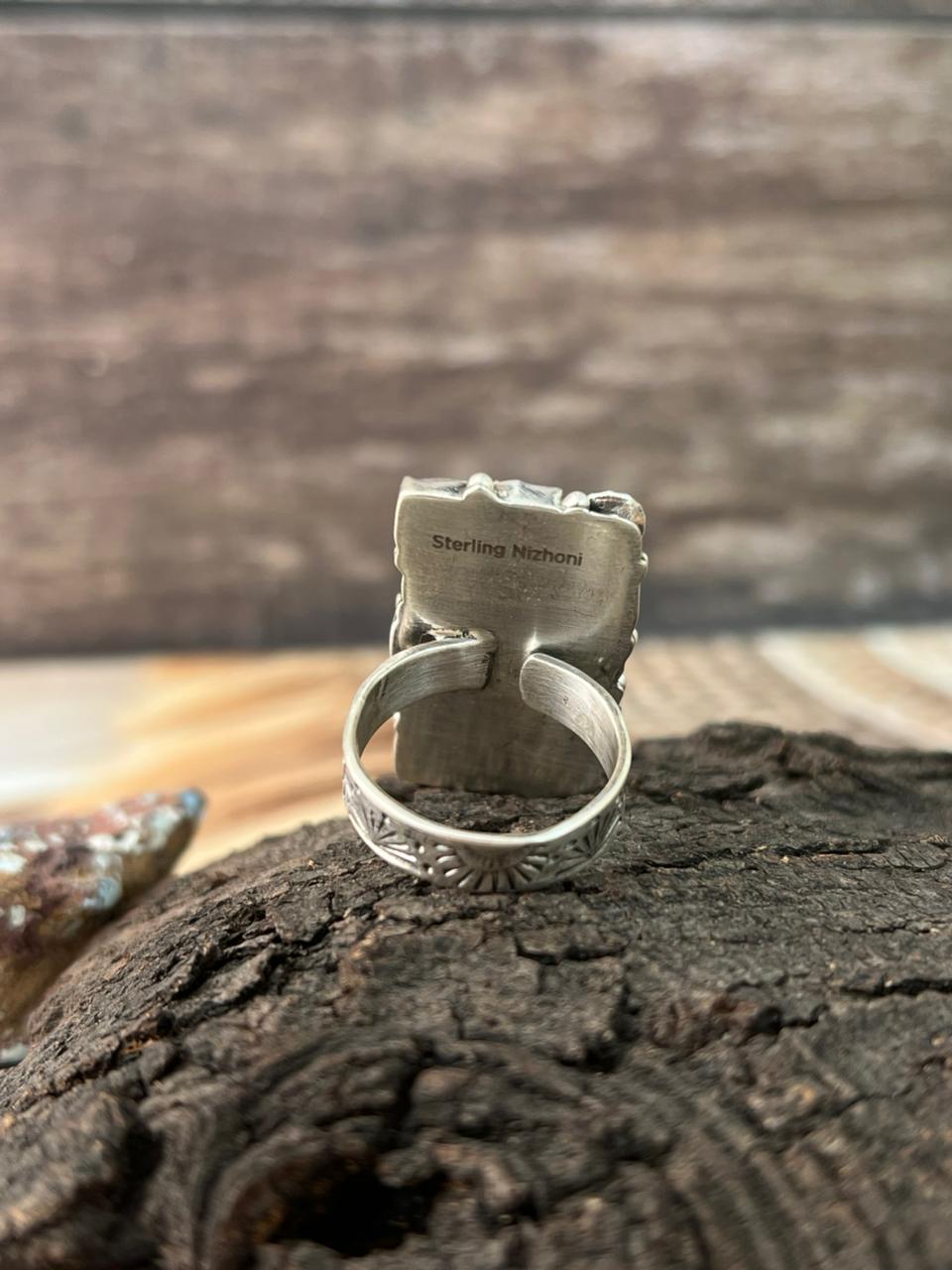 Handmade Sterling Silver Matrix Golden Hills Turquoise Adjustable Ring "Signed Nizhoni"