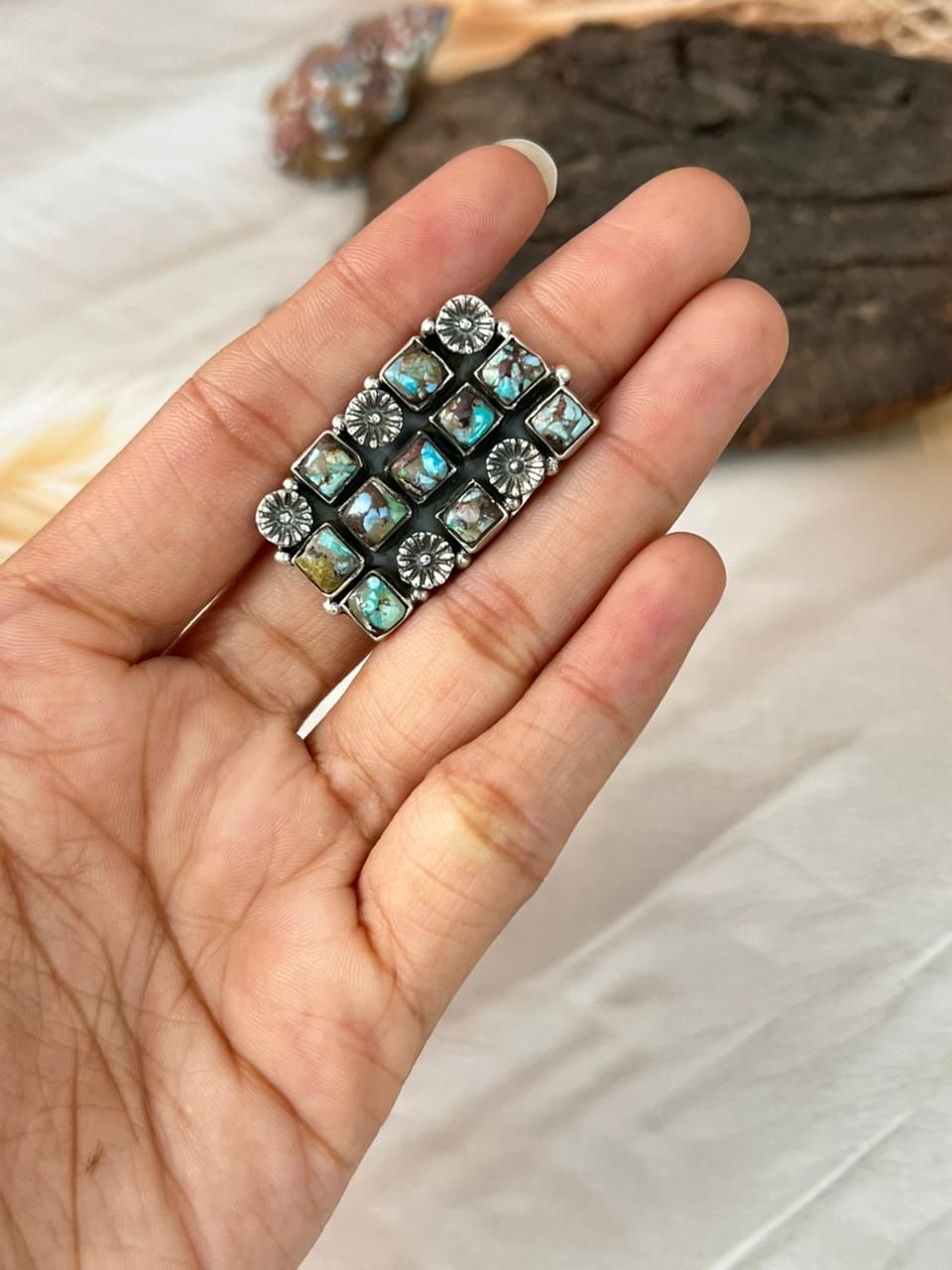 Handmade Sterling Silver Matrix Golden Hills Turquoise Adjustable Ring "Signed Nizhoni"