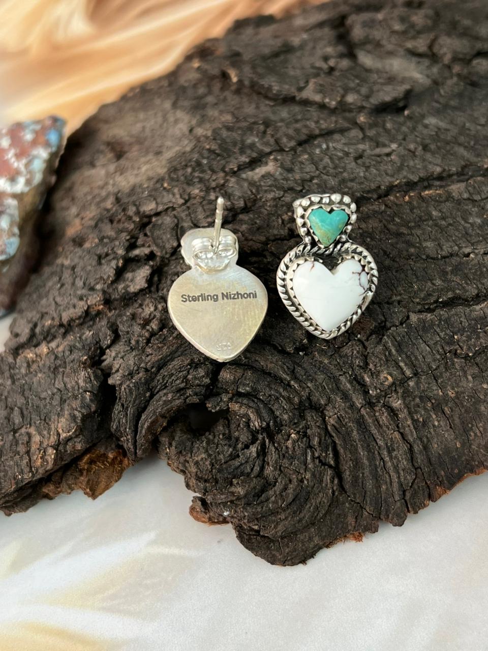Handmade Sterling Silver Wildhorse Magnesite with Kingman Turquoise Heart Post Studs Earrings "Signed Nizhoni"