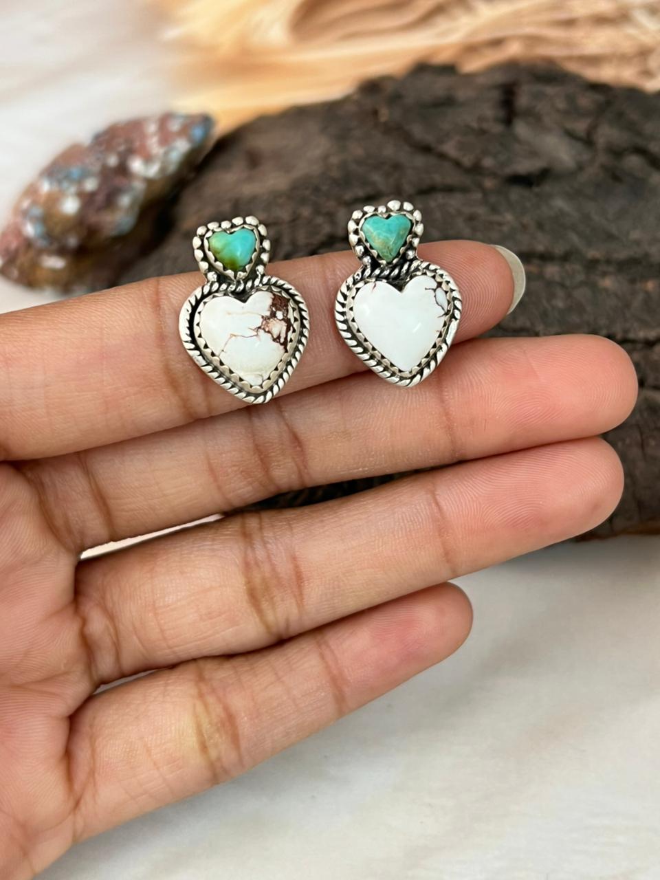 Handmade Sterling Silver Wildhorse Magnesite with Kingman Turquoise Heart Post Studs Earrings "Signed Nizhoni"
