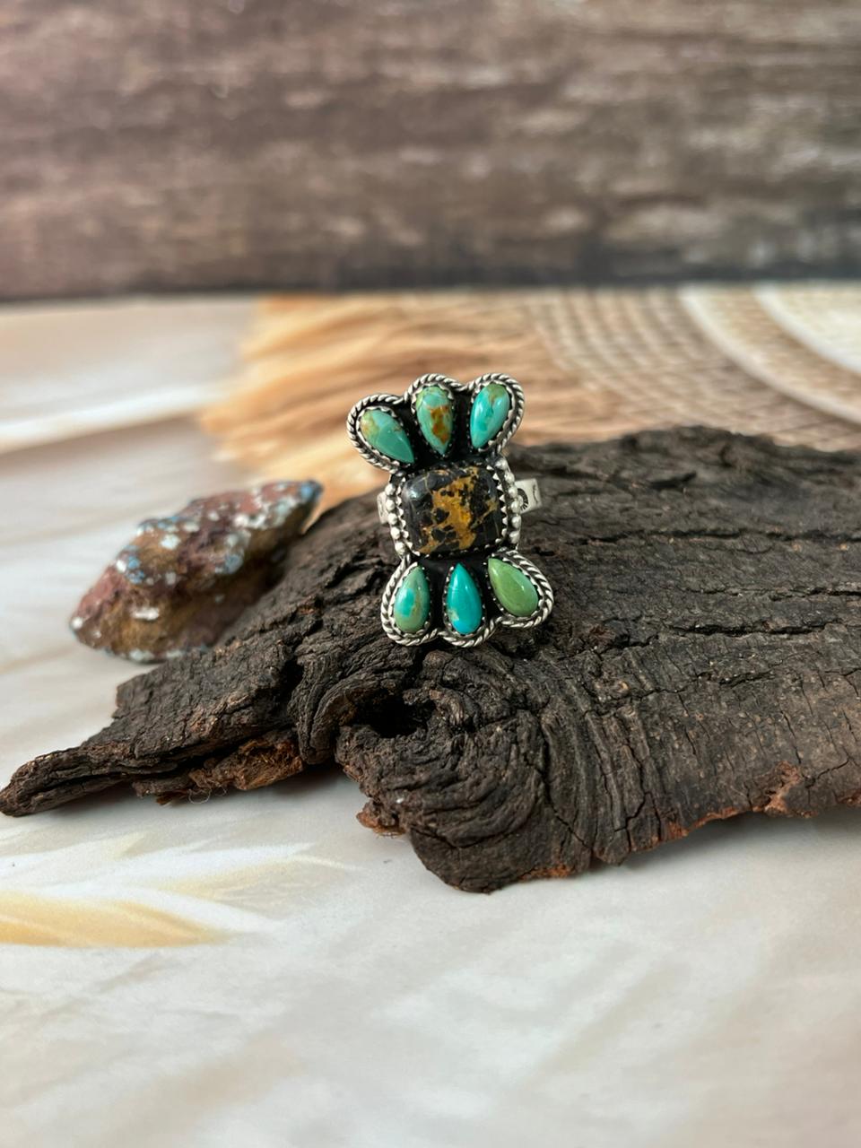 Handmade Sterling Silver Blackjack with Kingman Turquoise Adjustable Ring "Signed Nizhoni"