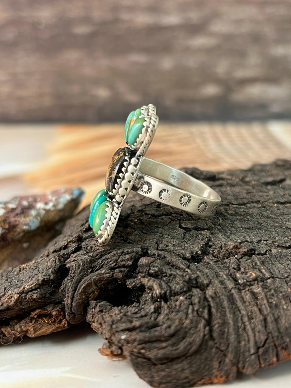 Handmade Sterling Silver Blackjack with Kingman Turquoise Adjustable Ring "Signed Nizhoni"