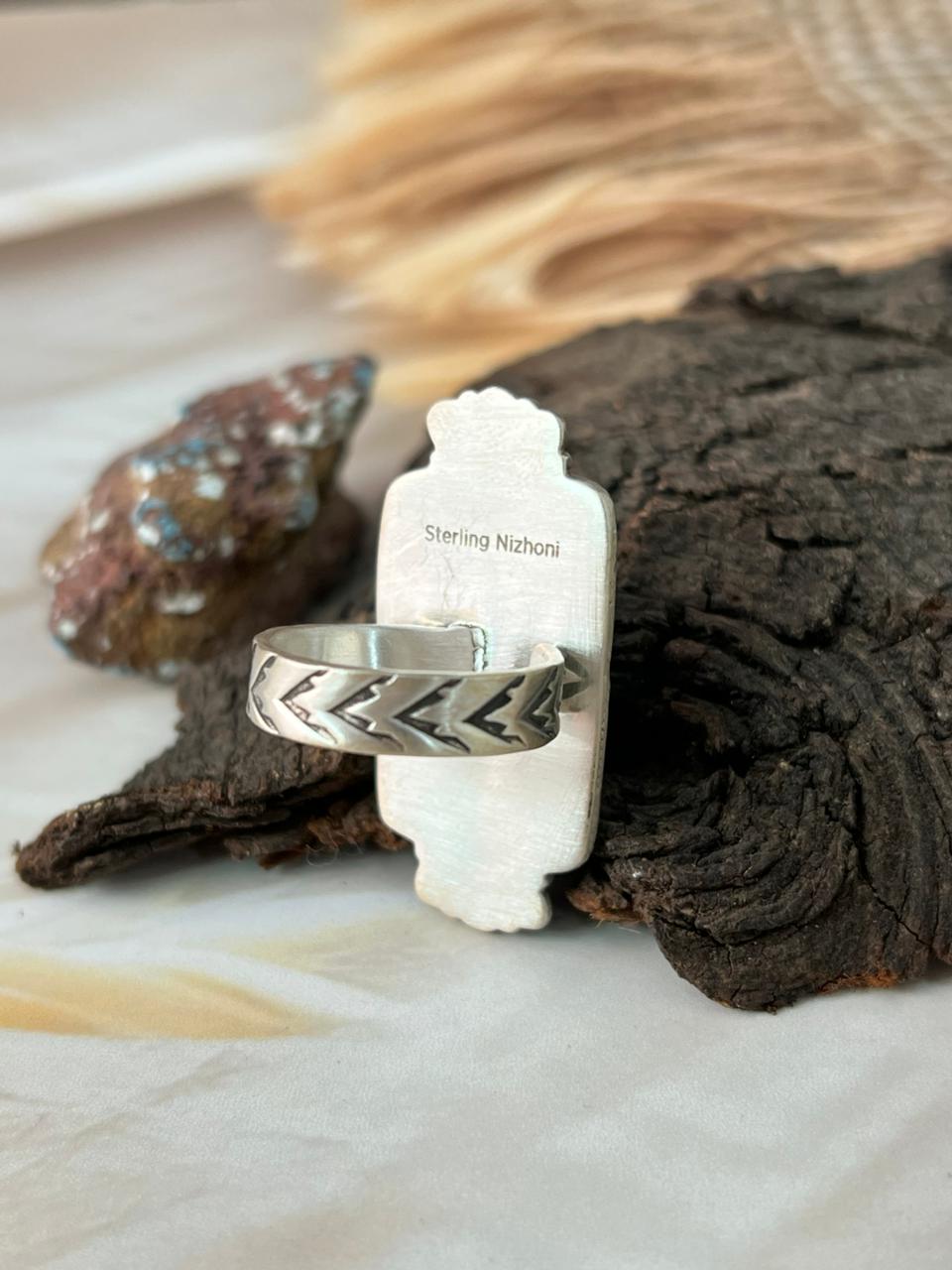 Handmade Sterling Silver White Water with Paloma Turquoise Adjustable Ring "Signed Nizhoni"