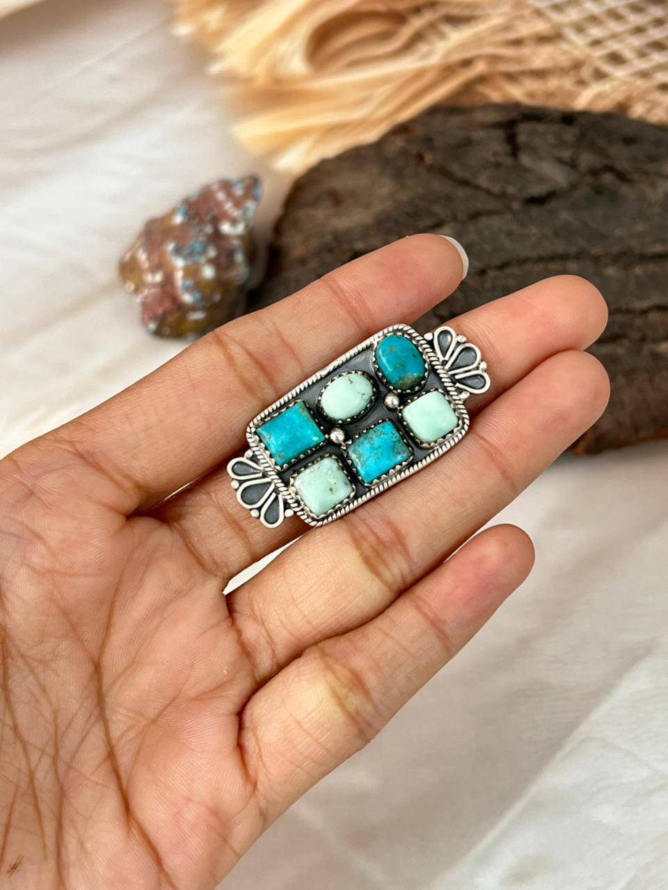 Handmade Sterling Silver White Water with Paloma Turquoise Adjustable Ring "Signed Nizhoni"