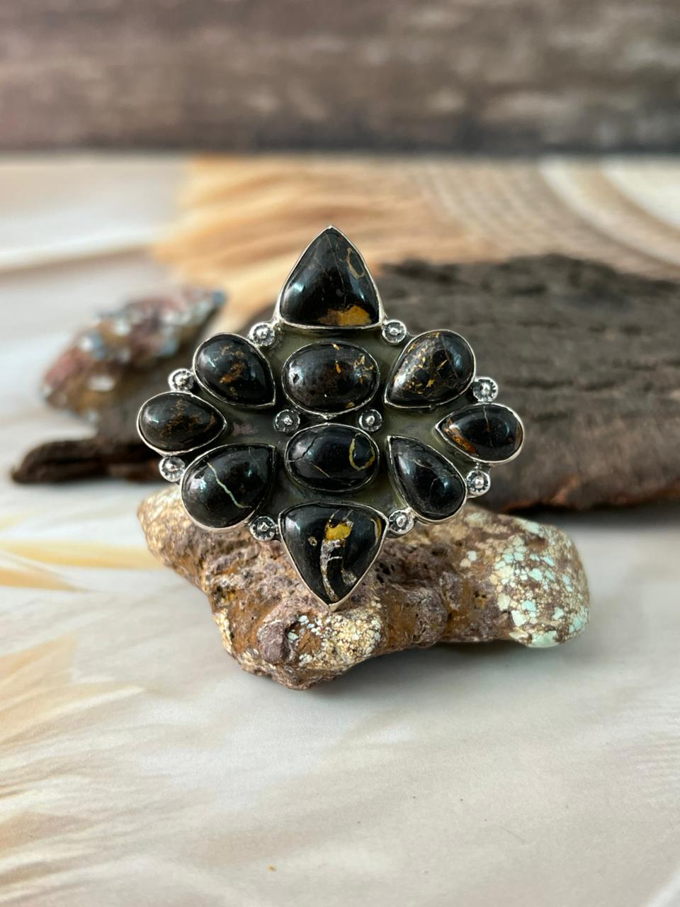 Handmade Sterling Silver Blackjack Turquoise Adjustable Ring "Signed Nizhoni"