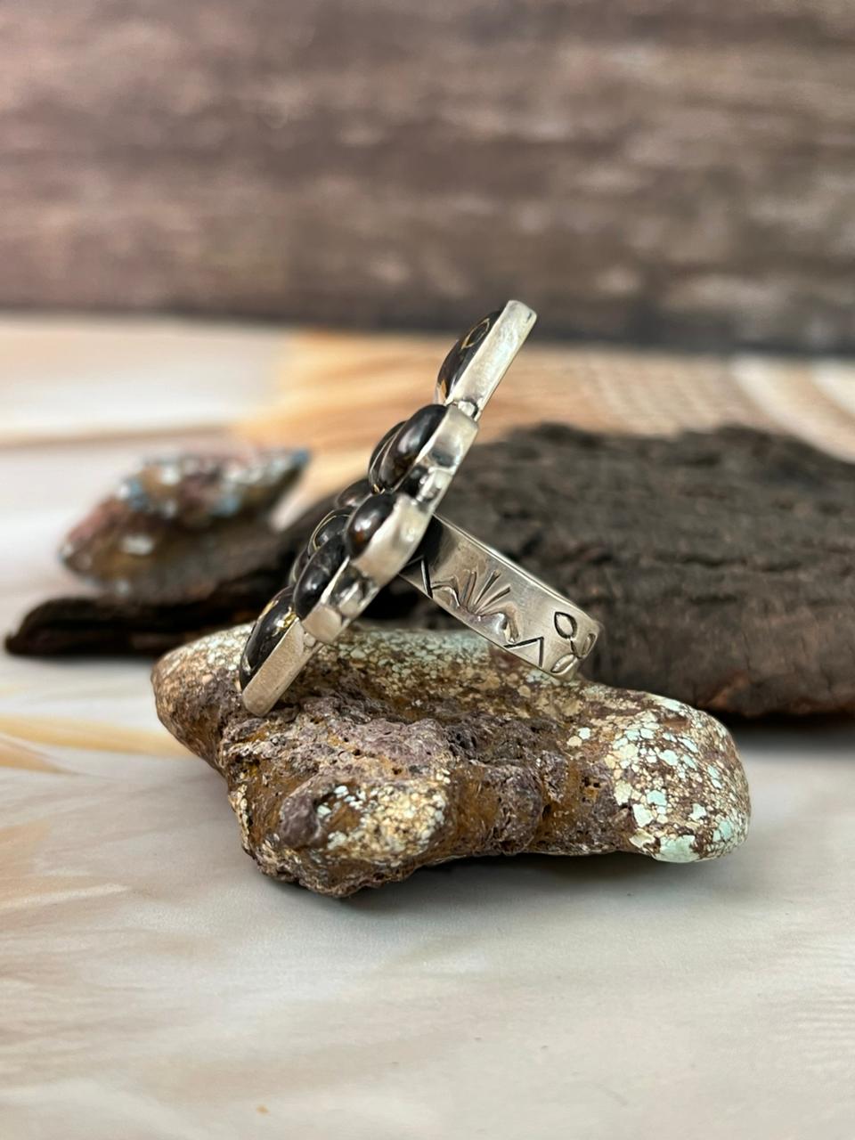 Handmade Sterling Silver Blackjack Turquoise Adjustable Ring "Signed Nizhoni"