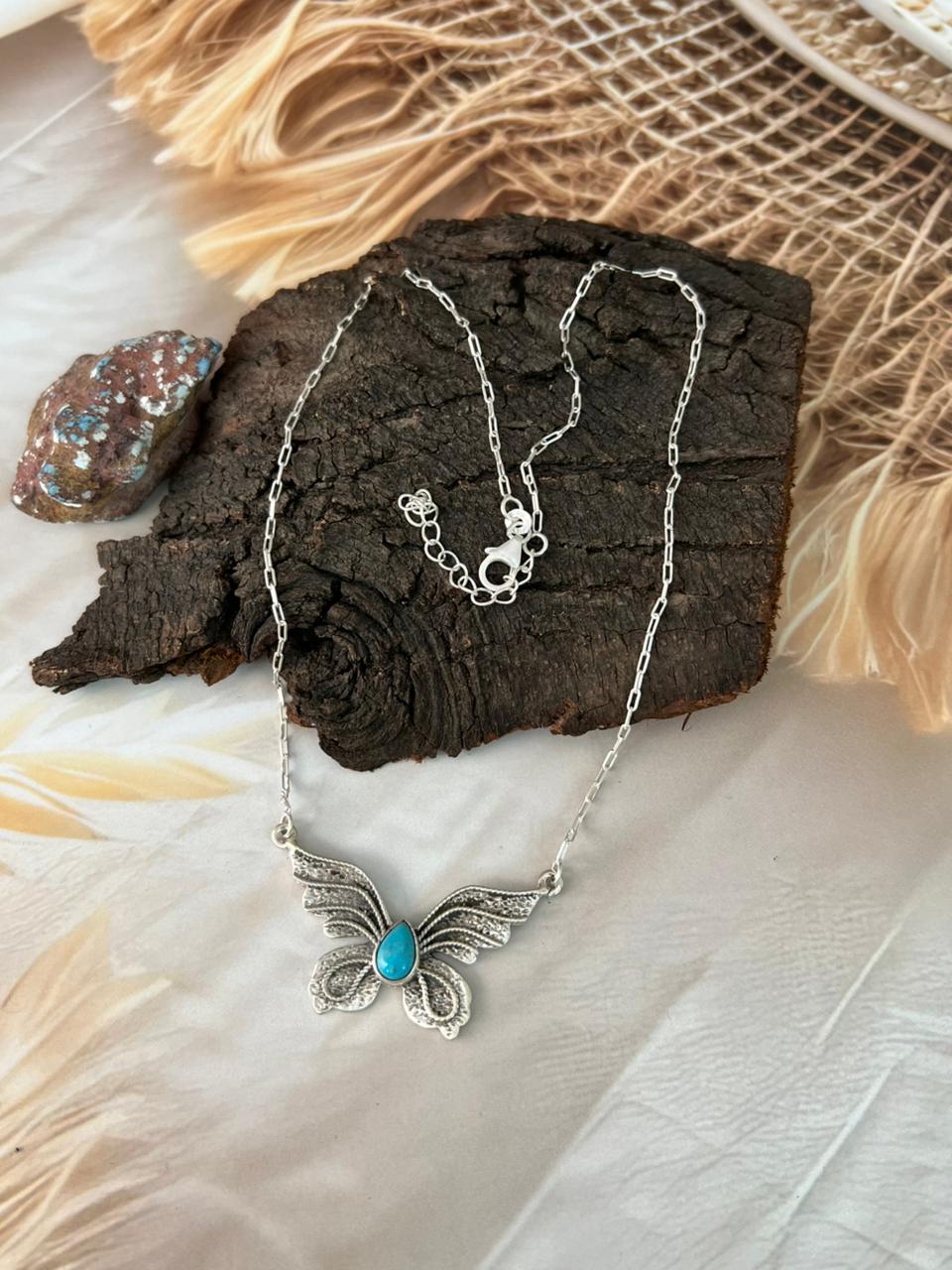 Handmade Sterling Silver Kingman Turquoise Butterfly Necklace "Signed Nizhoni"