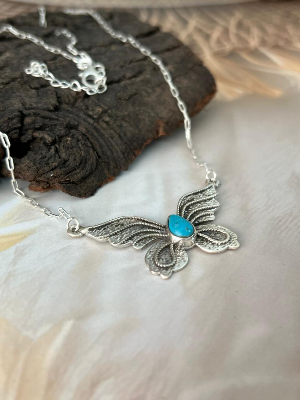Handmade Sterling Silver Kingman Turquoise Butterfly Necklace "Signed Nizhoni"