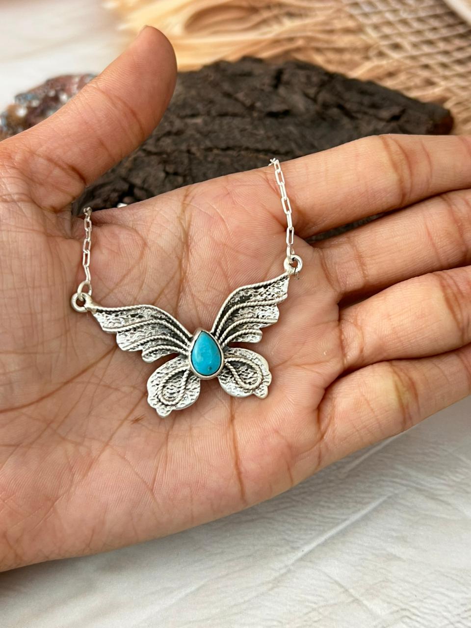 Handmade Sterling Silver Kingman Turquoise Butterfly Necklace "Signed Nizhoni"
