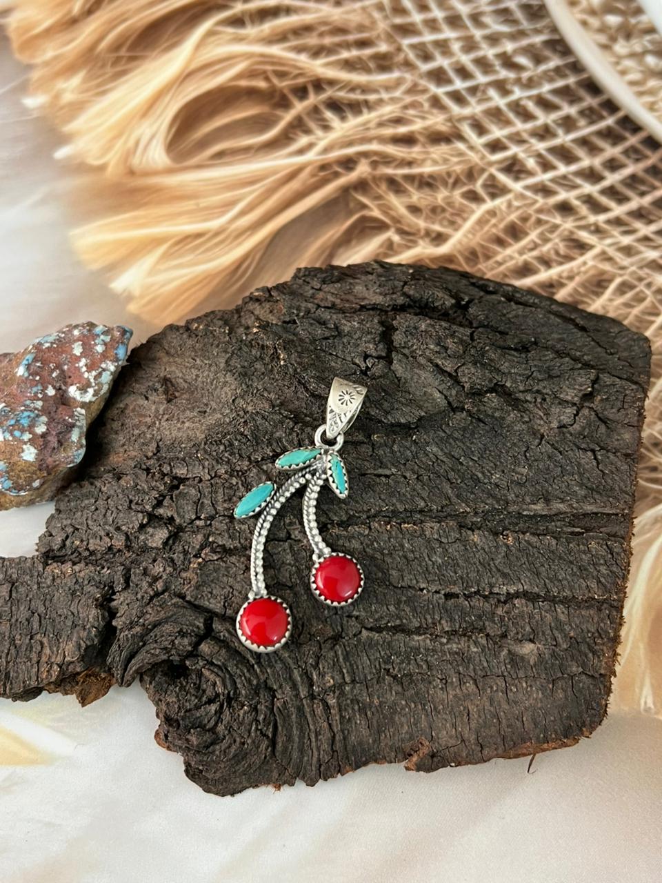 Handmade Sterling Silver Rosarita with Kingman Turquoise Cherry Pendant "Signed Nizhoni"