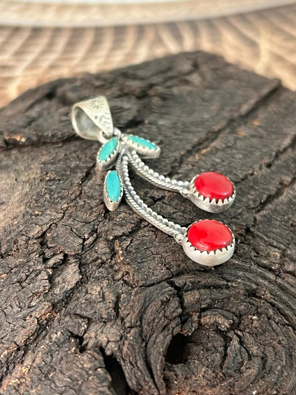 Handmade Sterling Silver Rosarita with Kingman Turquoise Cherry Pendant "Signed Nizhoni"