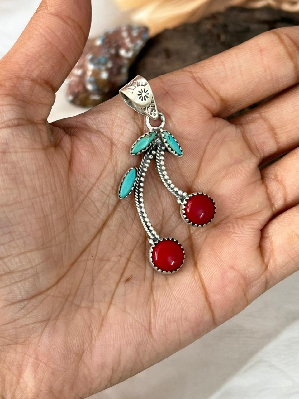 Handmade Sterling Silver Rosarita with Kingman Turquoise Cherry Pendant "Signed Nizhoni"