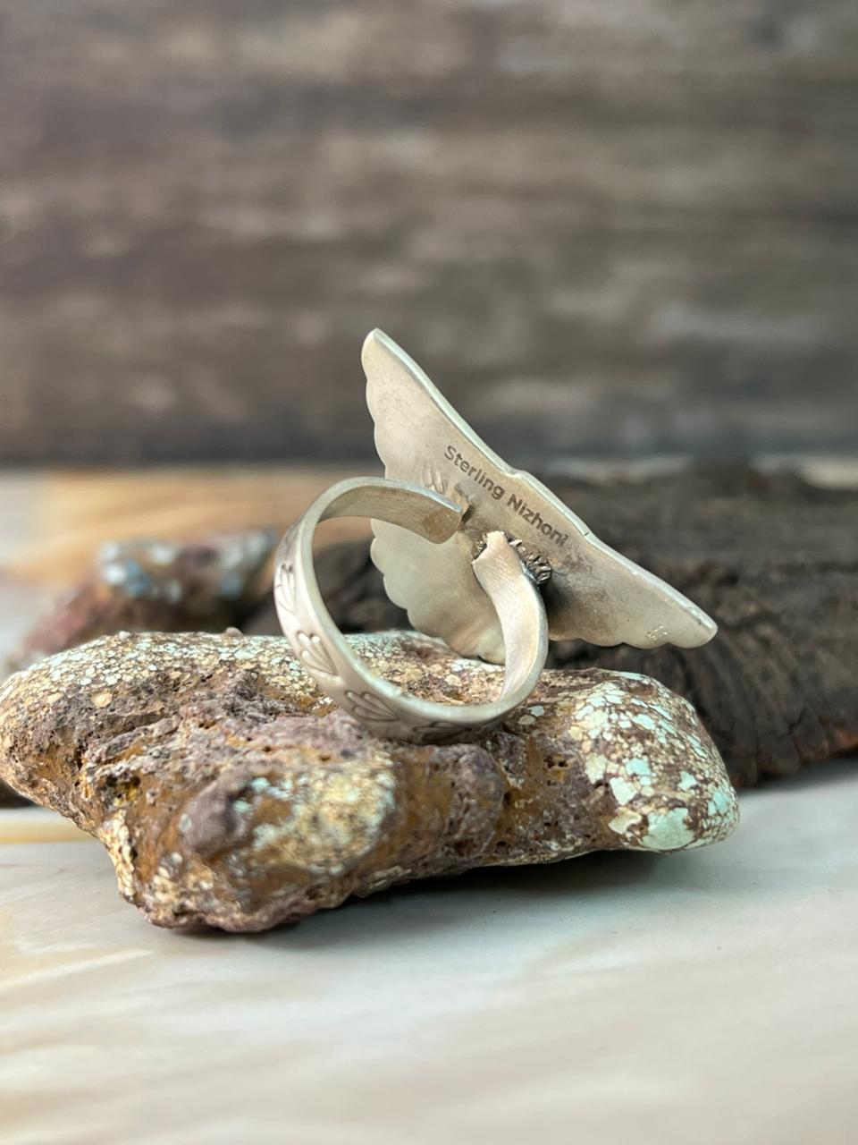 Handmade Sterling Silver Kingman Turquoise Thunderbird Adjustable Ring "Signed Nizhoni"