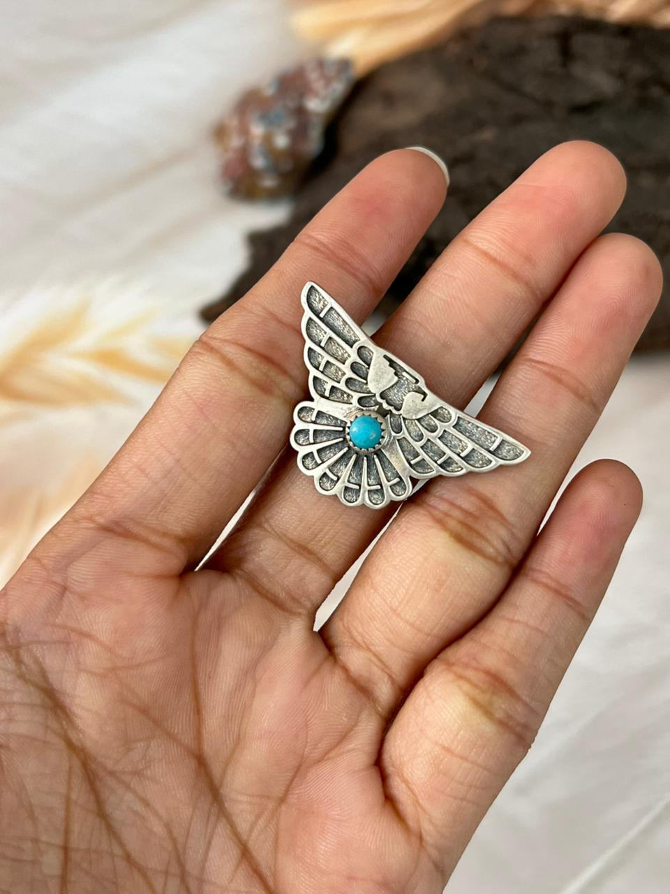Handmade Sterling Silver Kingman Turquoise Thunderbird Adjustable Ring "Signed Nizhoni"