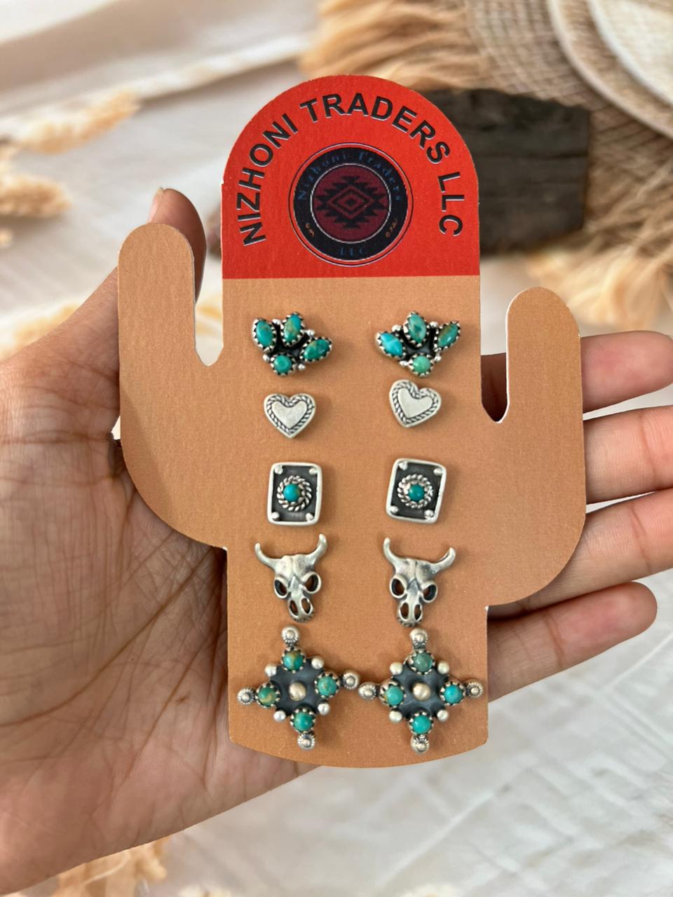 Handmade Sterling Silver Kingman Turquoise Post Studs Card Set
