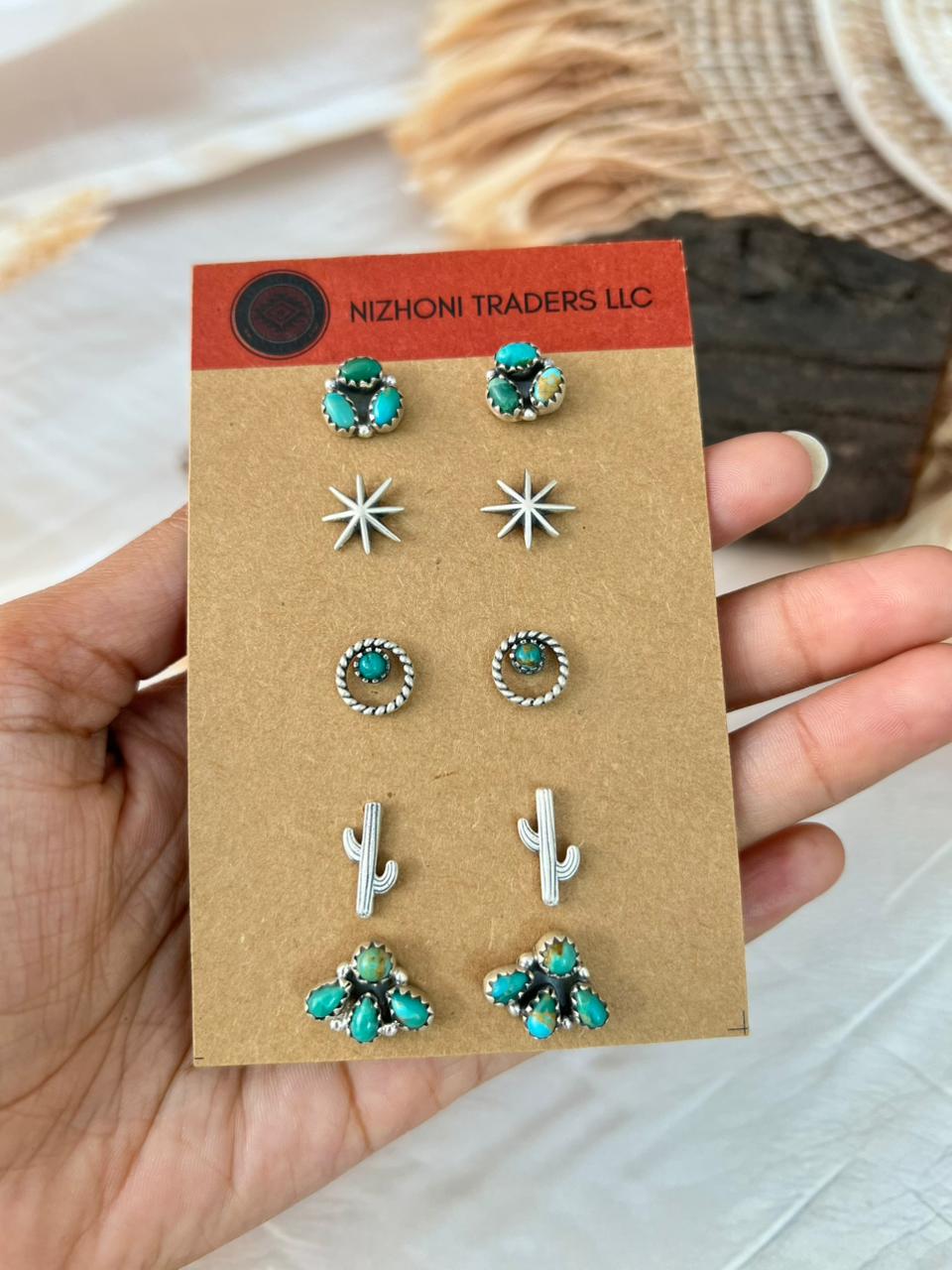 Handmade Sterling Silver Kingman Turquoise Post Studs Card Set