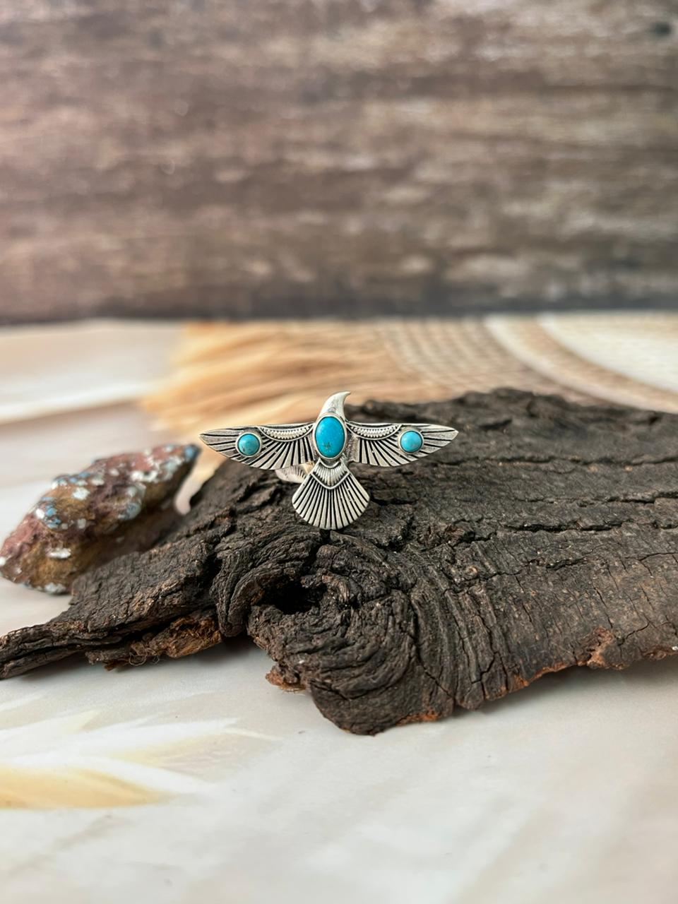Handmade Sterling Silver Kingman Turquoise Thunderbird Adjustable Ring "Signed Nizhoni"