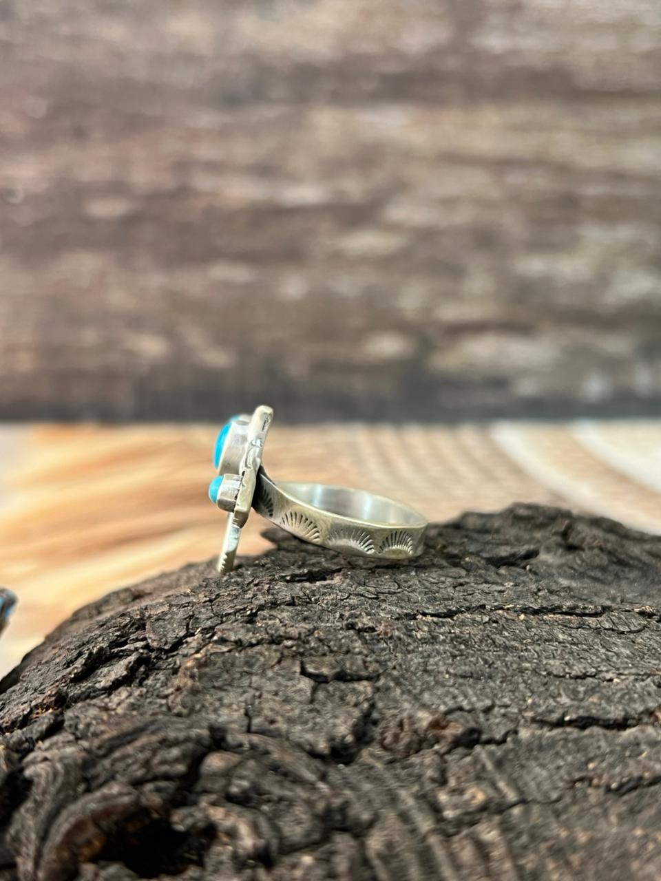 Handmade Sterling Silver Kingman Turquoise Thunderbird Adjustable Ring "Signed Nizhoni"